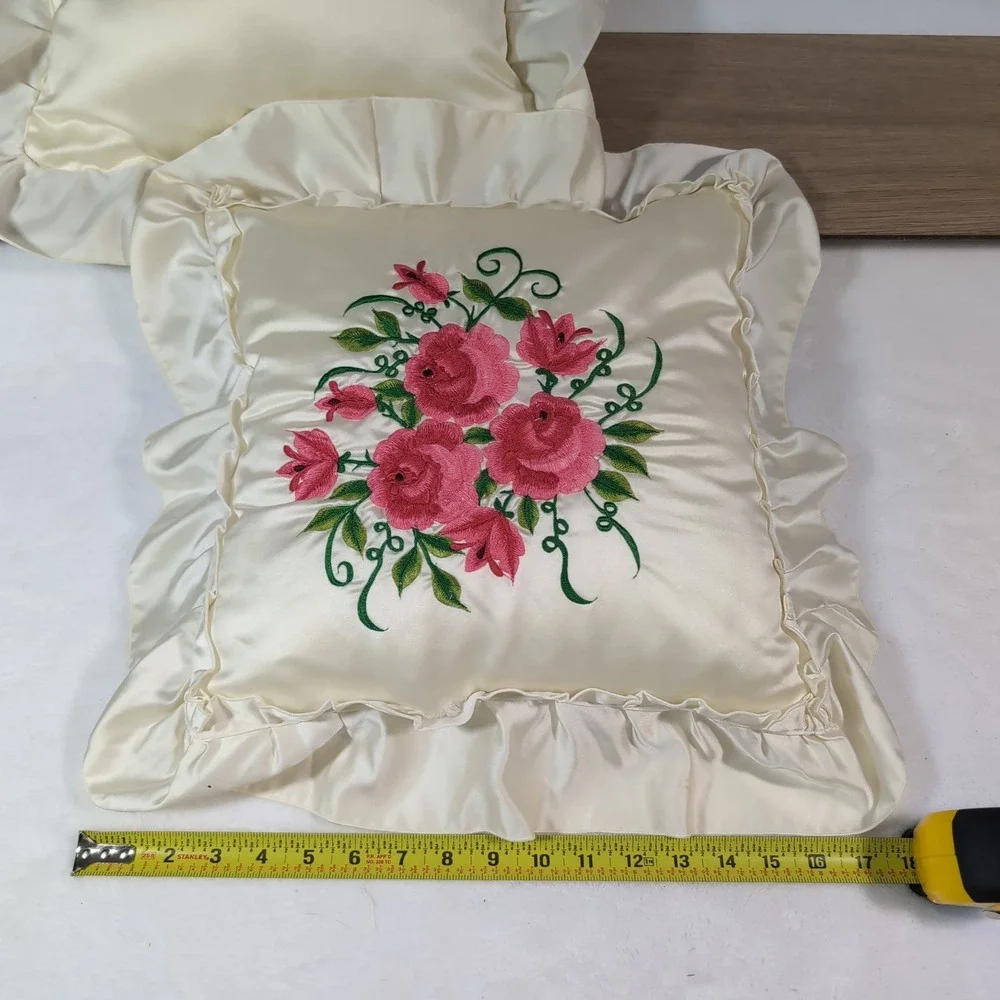 Vintage Satin Ruffle Embroidered Pillows Set of 2 Pink Floral Cottagecore Frilly
